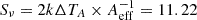 Mathematical equation: $ S_{\nu} = 2k\Delta T_{A}\times A_{\mathrm{eff}}^{-1} = 11.22 $