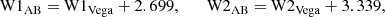 Mathematical equation: $$ \begin{aligned} \mathrm{W1}_{\rm AB} = \mathrm{W1}_{\rm Vega} + 2.699, \qquad \mathrm{W2}_{\rm AB} = \mathrm{W2}_{\rm Vega} + 3.339, \end{aligned} $$