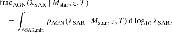 Mathematical equation: $$ \begin{aligned}&\mathrm{frac}_{\rm AGN}(\lambda _{\rm SAR} \,|\, {M_{\rm star}}, z, T) \nonumber \\&\quad = \int _{\lambda _{\mathrm{SAR},\min }} p_{\rm AGN}(\lambda _{\rm SAR} \,|\, {M_{\rm star}}, z, T) \, \mathrm{d} \log _{10} \lambda _{\rm SAR}, \end{aligned} $$