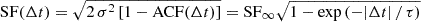 Mathematical equation: $ \mathrm{SF}(\Delta t) = \sqrt{2\,\sigma^2 \left[ 1 - \mathrm{ACF}(\Delta t) \right]} = \mathrm{SF}_\infty \sqrt{1 - \exp \left(-|\Delta t| \,/\, \tau \right)} $