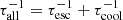 Mathematical equation: $ \tau^{-1}_{\mathrm{all}}=\tau^{-1}_{\mathrm{esc}}+\tau^{-1}_{\mathrm{cool}} $