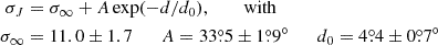 Mathematical equation: $$ \begin{aligned} \sigma _J&=\sigma _\infty + A\exp (-d/d_0), \qquad \text{ with} \\ \sigma _\infty&= 11.0 \pm 1.7 \qquad A = 33{\overset{\circ }{.}}5 \pm 1{\overset{\circ }{.}}9^\circ \qquad d_0 = 4{\overset{\circ }{.}}4 \pm 0{\overset{\circ }{.}}7^{\circ } \nonumber \end{aligned} $$