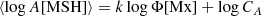 Mathematical equation: $$ \begin{aligned} \langle \log A \text{[MSH]}\rangle = k\log \Phi \text{[Mx]} +\log C_A \end{aligned} $$