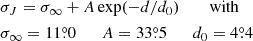 Mathematical equation: $$ \begin{aligned}&\sigma _J =\sigma _\infty + A\exp (-d/d_0) \qquad \text{ with} \\&\sigma _\infty = 11{\overset{\circ }{.}}0 \qquad A = 33{\overset{\circ }{.}}5 \qquad d_0 = 4{\overset{\circ }{.}}4 \nonumber \end{aligned} $$