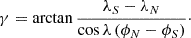 Mathematical equation: $$ \begin{aligned} \gamma =\arctan \frac{\lambda _S-\lambda _N}{\cos \lambda \, (\phi _N-\phi _S)}\cdot \end{aligned} $$