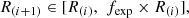 Mathematical equation: $$ \begin{aligned} R_{(i+1)} \in [R_{(i)}, \,\, f_{\rm exp} \times R_{(i)}], \end{aligned} $$