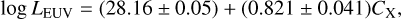 Mathematical equation: $\log {L_{{\rm{EUV}}}} = \left( {28.16 \pm 0.05} \right) + \left( {0.821 \pm 0.041} \right){C_{\rm{X}}},$