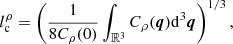 Mathematical equation: $$ \begin{aligned} l_{\rm c}^\rho = \left(\frac{1}{8C_\rho (0)}\int _{\mathbb{R} ^3} C_\rho (\boldsymbol{q}) \mathrm{d}^3\boldsymbol{q}\right)^{1/3}, \end{aligned} $$