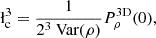 Mathematical equation: $$ \begin{aligned} \l _{\rm c}^3&= \frac{1}{2^3\text{ Var}(\rho )} P_\rho ^\mathrm{3D}(0), \end{aligned} $$