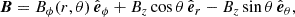 Mathematical equation: $$ \begin{aligned} \boldsymbol{B} = B_\phi (r,\theta )\,\hat{\boldsymbol{e}}_\phi + B_z \cos {\theta }\,\hat{\boldsymbol{e}}_r - B_z \sin {\theta } \,\hat{\boldsymbol{e}}_{\theta }, \end{aligned} $$
