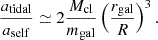 Mathematical equation: $$ \begin{aligned} \frac{a_{\rm tidal}}{a_{\rm self}} \simeq 2 \frac{M_{\rm cl}}{m_{\rm gal}} \left(\frac{r_{\rm gal}}{R}\right)^3 . \end{aligned} $$