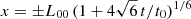 Mathematical equation: $ x=\pm L_{00}\,(1+4\sqrt{6}\,t/t_0)^{1/6} $