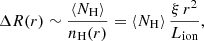 Mathematical equation: $$ \begin{aligned} \Delta R(r)\sim \frac{\langle N_{\rm H}\rangle }{n_{\rm H}(r)} = \langle N_{\rm H}\rangle \,\frac{\xi \,r^2}{L_{\rm ion}}, \end{aligned} $$