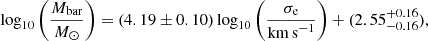Mathematical equation: $$ \begin{aligned} \log _{10}\left(\frac{M_{\mathrm{bar} }}{M_\odot }\right) = (4.19 \pm 0.10) \log _{10}\left(\frac{\sigma _{\rm e}}{\mathrm{{km\,s}^{-1}}}\right) + (2.55^{+0.16}_{-0.16}), \end{aligned} $$