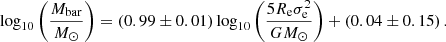 Mathematical equation: $$ \begin{aligned} \log _{10}\left(\frac{M_{\mathrm{bar} }}{M_\odot }\right) = (0.99 \pm 0.01) \log _{10}\left(\frac{5R_{\mathrm{e} }\sigma ^2_{\mathrm{e} }}{GM_\odot }\right) + (0.04 \pm 0.15)\,. \end{aligned} $$