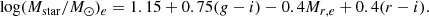Mathematical equation: $$ \begin{aligned} \log (M_{\mathrm{star} }/M_\odot )_{e} = 1.15 + 0.75(g-i) - 0.4M_{r,e} + 0.4(r-i). \end{aligned} $$