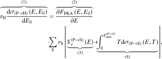 Mathematical equation: \begin{split} \overbrace{r_\mathrm{H}\dfrac{\mathrm{d}\sigma_{\left(\mathrm{P}\rightarrow \mathrm{H}\right)}\left(E,E_0\right)}{\mathrm{d}E_0}}^{\left(1\right)}&= \overbrace{\dfrac{\partial F_{\mathrm{PKA}}\left(E,E_0\right)}{\partial E}}^{\left(2\right)} \\ &{\cdot}\!\!\sum_{\mathrm{S}} r_{\mathrm{S}} \left[ \underbrace{S_e^{\left(\mathrm{P}\rightarrow \mathrm{S}\right)}\left(E\right)}_{\left(3\right)} {+}\!\!\! \underbrace{\int_0^{T_{\max}^{\left(\mathrm{P}\rightarrow \mathrm{S}\right)}} T \mathrm{d}\sigma_{\left(\mathrm{P}\rightarrow \mathrm{S}\right)}\left(E,T\right)}_{\left(4\right)} \right]\!, \end{split}
