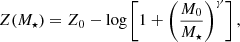 Mathematical equation: $$ \begin{aligned} Z(M_\star ) = Z_0 - \log \left[1 + \left(\frac{M_0}{M_\star }\right)^\gamma \right], \end{aligned} $$
