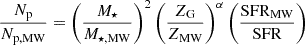Mathematical equation: $$ \begin{aligned} \frac{N_{\rm p}}{N_{\rm p, MW}} = \left(\frac{M_\star }{M_{\star , \mathrm{MW}}}\right)^2 \left(\frac{Z_{\rm G}}{Z_{\rm MW}}\right)^\alpha \left(\frac{\mathrm{SFR_{\rm MW}}}{\mathrm{SFR}}\right) \end{aligned} $$