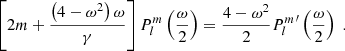Mathematical equation: $$ \begin{aligned} \left[ 2m +\frac{ \left( 4-\omega ^2 \right)\omega }{\gamma }\right] P^m_l \left(\frac{\omega }{2} \right) =\frac{4-\omega ^2}{2}{P_l^m}^{\prime } \left(\frac{\omega }{2} \right)\; . \end{aligned} $$
