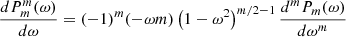 Mathematical equation: $$ \begin{aligned} \frac{dP^m_m(\omega )}{d\omega } = (-1)^m (-\omega m) \left(1-\omega ^2\right)^{m/2-1}\frac{d^{m}P_m(\omega )}{d\omega ^{m}} \end{aligned} $$