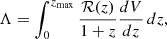 Mathematical equation: $$ \begin{aligned} \Lambda = \int _{0}^{z_{\max }} \frac{\mathcal{R} (z)}{1+z} \frac{dV}{dz} \, dz, \end{aligned} $$
