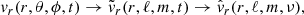 Mathematical equation: $$ \begin{aligned} v_r (r, \theta , \phi , t) \rightarrow \tilde{v}_r (r, \ell , m, t) \rightarrow \hat{v}_r (r, \ell , m, \nu ), \end{aligned} $$