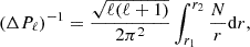 Mathematical equation: $$ \begin{aligned} (\Delta P_\ell )^{-1} = \frac{\sqrt{\ell (\ell +1)}}{2 \pi ^2} \int _{r_1}^{r_2} \frac{N}{r} \mathrm{d}r, \end{aligned} $$