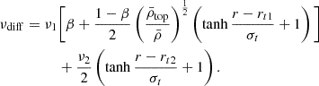 Mathematical equation: $$ \begin{aligned}&\nu _{\rm diff} = \nu _1 \Bigg [\beta + \frac{1-\beta }{2} \left(\frac{\bar{\rho }_{\rm top}}{\bar{\rho }}\right)^\frac{1}{2} \left(\tanh \frac{r-r_{t1}}{\sigma _t} + 1\right)\Bigg ]\nonumber \\&\qquad \qquad \quad + \frac{\nu _2}{2} \left(\tanh \frac{r-r_{t2}}{\sigma _t} + 1\right). \end{aligned} $$