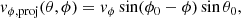 Mathematical equation: $$ \begin{aligned} v_{\phi , \mathrm{proj}} (\theta , \phi )&= v_\phi \sin (\phi _0 - \phi ) \sin \theta _0, \end{aligned} $$