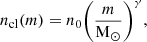 Mathematical equation: $$ \begin{aligned} n_{\rm cl}(m) = n_{0}\bigg (\frac{m}{\mathrm{M_{\odot }}}\bigg )^{\gamma }, \end{aligned} $$