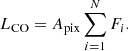 Mathematical equation: $$ \begin{aligned} L_{\rm CO} = A_{\rm pix} \sum _{i = 1}^{N} F_{i}. \end{aligned} $$
