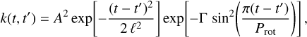Mathematical equation: $\[k\left(t, t^{\prime}\right)=A^2 ~\exp \left[-\frac{\left(t-t^{\prime}\right)^2}{2 \ell^2}\right] ~\exp \left[-\Gamma \sin ^2\left(\frac{\pi\left(t-t^{\prime}\right)}{P_{\mathrm{rot}}}\right)\right],\]$