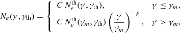 Mathematical equation: $$ \begin{aligned} N_e(\gamma ,\gamma _{\rm th}) = {\left\{ \begin{array}{ll} C\,N_e^\mathrm{th}(\gamma ,\gamma _{\rm th}),&\gamma \le \gamma _m, \\ C\,N_e^\mathrm{th}(\gamma _m,\gamma _{\rm th}) \left(\dfrac{\gamma }{\gamma _m}\right)^{-p},&\gamma > \gamma _m, \end{array}\right.} \end{aligned} $$