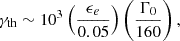 Mathematical equation: $$ \begin{aligned} \gamma _{\rm th} \sim 10^{3} \left(\frac{\epsilon _e}{0.05}\right) \left(\frac{\Gamma _0}{160}\right), \end{aligned} $$