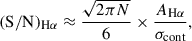 Mathematical equation: $$ \begin{aligned} (\mathrm{S/N} )_{\mathrm{H} \alpha } \approx \frac{\sqrt{2\pi N}}{6} \times \frac{A_{\mathrm{H} \alpha }}{\sigma _{\mathrm{cont} }}, \end{aligned} $$