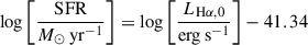 Mathematical equation: $$ \begin{aligned} \log \bigg [\frac{\mathrm{SFR} }{M_{\odot }\,\mathrm{yr} ^{-1}} \bigg ] = \log \bigg [\frac{L_{\mathrm{H} \alpha , 0}}{\mathrm{erg} \,\mathrm{s} ^{-1}} \bigg ] - 41.34 \end{aligned} $$