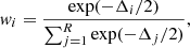 Mathematical equation: $$ \begin{aligned} w_i = \frac{\exp (-\Delta _i/2)}{\sum _{j=1}^{R} \exp (-\Delta _j/2)}, \end{aligned} $$