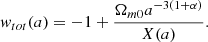 Mathematical equation: $$ \begin{aligned} w_{tot}(a)= -1+ \frac{\Omega _{m0}a^{-3(1+\alpha )}}{X(a)}. \end{aligned} $$