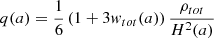 Mathematical equation: $$ \begin{aligned} q(a) = \frac{1}{6}\left(1 + 3 w_{tot}(a)\right)\frac{\rho _{tot}}{H^2(a)} \end{aligned} $$