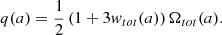 Mathematical equation: $$ \begin{aligned} q(a) = \frac{1}{2}\left(1 + 3 w_{tot}(a)\right)\Omega _{tot}(a). \end{aligned} $$