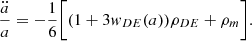 Mathematical equation: $$ \begin{aligned} \frac{\ddot{a}}{a} = -\frac{1}{6}\bigg [(1 + 3w_{DE}(a))\rho _{DE} + \rho _{m}\bigg ]. \end{aligned} $$