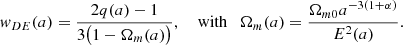 Mathematical equation: $$ \begin{aligned} w_{DE}(a) = \frac{2 q(a) - 1}{3 \big (1 - \Omega _m(a)\big )}, \quad \text{ with} \quad \Omega _m(a) = \frac{\Omega _{m0} a^{-3(1+\alpha )}}{E^2(a)}. \end{aligned} $$