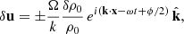Mathematical equation: $$ \begin{aligned} \delta \mathbf u = \pm \frac{\Omega }{k}\frac{\delta \rho _0}{\rho _0}\,e^{i(\mathbf k \cdot \mathbf x -\omega t + \phi /2)}\,\hat{\mathbf{k }}, \end{aligned} $$