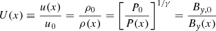Mathematical equation: $$ \begin{aligned} U(x)\equiv \frac{u(x)}{u_0}=\frac{\rho _0}{\rho (x)}=\left[\frac{P_0}{P(x)}\right]^{1/\gamma }=\frac{B_{y,0}}{B_y(x)} \end{aligned} $$