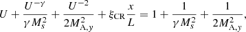 Mathematical equation: $$ \begin{aligned} U + \frac{U^{-\gamma }}{\gamma M_s^2} + \frac{U^{-2}}{2M_{\mathrm{A},y}^2} + \xi _{\rm CR}\frac{x}{L} = 1 + \frac{1}{\gamma M_s^2} + \frac{1}{2M_{\mathrm{A},y}^2}, \end{aligned} $$