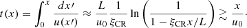 Mathematical equation: $$ \begin{aligned} t(x) = \int _0^x\frac{dx\prime }{u(x\prime )} \approx \frac{L}{u_0} \frac{1}{\xi _{\rm CR}}\ln \left(\frac{1}{1-\xi _{\rm CR}x/L}\right) \gtrsim \frac{x}{u_0}\cdot \end{aligned} $$