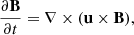 Mathematical equation: $$ \begin{aligned}&\frac{\partial \mathbf B }{\partial t} = \nabla \times (\mathbf u \times \mathbf B ),\end{aligned} $$