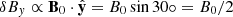 Mathematical equation: $ \delta B_y\propto \mathbf{B}_0\cdot\hat{\mathbf{y}}=B_0\sin30\circ=B_0/2 $