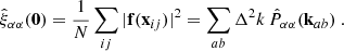 Mathematical equation: $$ \begin{aligned} \hat{\xi }_{\alpha \alpha }(\mathbf 0 ) = \frac{1}{N}\sum _{ij} |\mathbf f (\mathbf x _{ij})|^2 = \sum _{ab} \Delta ^2 k\,\hat{P}_{\alpha \alpha }(\mathbf k _{ab})\ . \end{aligned} $$